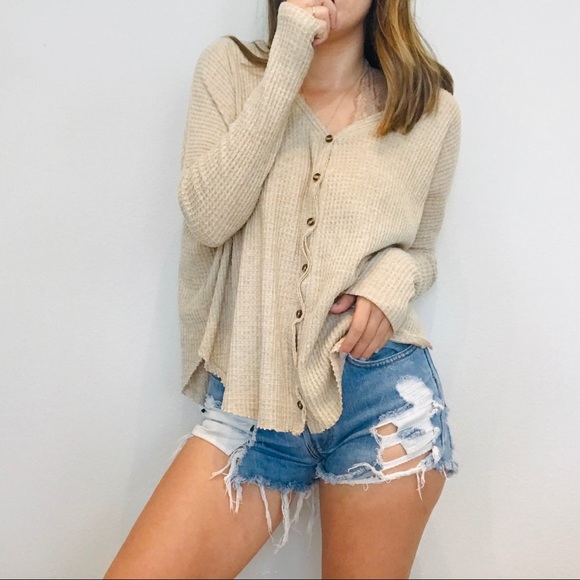 Urban Outfitters Sweaters - UO tan waffle knit button oversized thermal